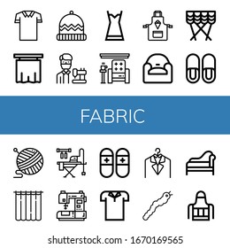 fabric icon set. Collection of Polo shirt, Curtain, Winter hat, Tailor, Nightgown, Armchair, Apron, Slippers, Yarn, Curtains, Ironing board, Sewing machine, Laundry, Silkworm icons