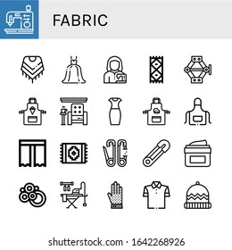 fabric icon set. Collection of Sewing machine, Shawl, Wedding dress, Tailor, Carpet, Jack, Apron, Armchair, Pencil dress, Curtain, Safety pin, Moisturizing, Ironing board icons