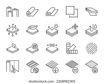 Fabric icon set. It included icons such as textile, wool, fur, corduroy, cotton, and more.