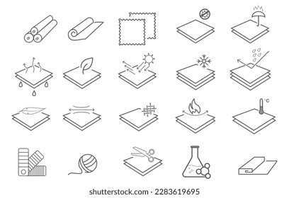 Fabric icon set. It included icons such as textile, wool, fur, corduroy, cotton, and more. Set of line icons related to textile industry, fabric feather.