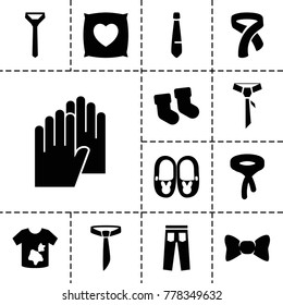 Fabric icons. set of 13 editable filled fabric icons such as baby socks, dirty laundry, tie, pillow with heart on it, baby shoes, bow tie, pants