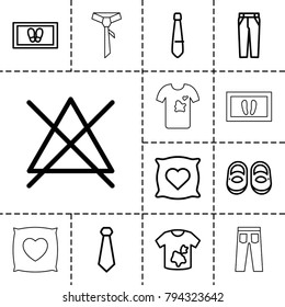 Fabric icons. set of 13 editable outline fabric icons such as pillow with heart on it, baby shoes, foot carpet, dirty laundry, no bleaching, pants