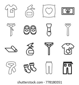 Fabric icons. set of 16 editable outline fabric icons such as baby socks, baby shoes, spray bottle, foot carpet, dirty laundry, tie, pants, carpet