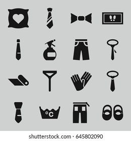 Fabric icons set. set of 16 fabric filled icons such as pillow with heart on it, baby shoes, spray bottle, foot carpet, laundry, tie, bow tie, pants, gloves