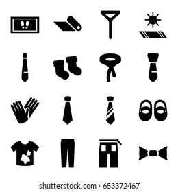 Fabric icons set. set of 16 fabric filled icons such as baby socks, baby shoes, foot carpet, dirty laundry, tie, bow tie, pants, gloves, carpet