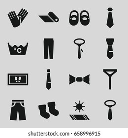 Fabric icons set. set of 16 fabric filled icons such as baby socks, baby shoes, foot carpet, laundry, tie, bow tie, pants, gloves, carpet