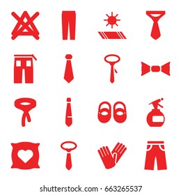 Fabric icons set. set of 16 fabric filled icons such as pillow with heart on it, baby shoes, spray bottle, no bleaching, tie, bow tie, pants, gloves