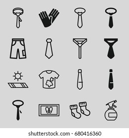 Fabric icons set. set of 16 fabric filled and outline icons such as tie, gloves, baby socks, spray bottle, foot carpet, dirty laundry, pants