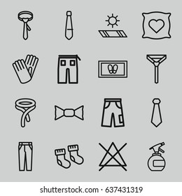 Fabric icons set. set of 16 fabric outline icons such as baby socks, pillow with heart on it, spray bottle, foot carpet, no bleaching, tie, bow tie, pants, gloves