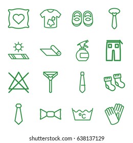 Fabric icons set. set of 16 fabric outline icons such as baby socks, pillow with heart on it, baby shoes, spray bottle, dirty laundry, laundry, no bleaching, tie, bow tie