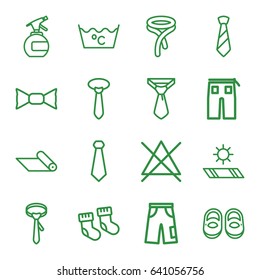 Fabric icons set. set of 16 fabric outline icons such as baby socks, baby shoes, spray bottle, laundry, no bleaching, tie, bow tie, pants, carpet