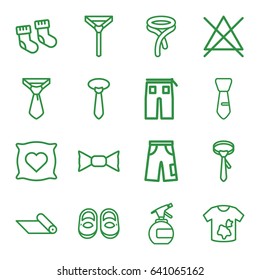 Fabric icons set. set of 16 fabric outline icons such as baby socks, pillow with heart on it, baby shoes, spray bottle, dirty laundry, no bleaching, tie, bow tie, pants