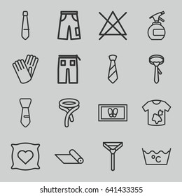 Fabric icons set. set of 16 fabric outline icons such as pillow with heart on it, spray bottle, foot carpet, dirty laundry, laundry, no bleaching, tie, pants, gloves