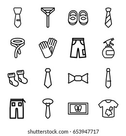 Fabric icons set. set of 16 fabric outline icons such as baby socks, baby shoes, spray bottle, foot carpet, dirty laundry, tie, bow tie, pants