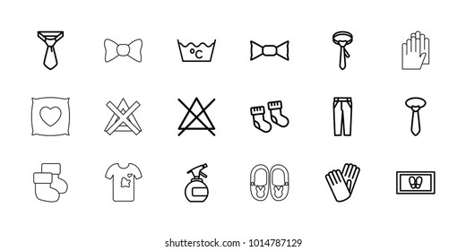 Fabric icons. set of 18 editable outline fabric icons: baby socks, spray bottle, foot carpet, laundry, no bleaching, tie, bow tie, pants, gloves, pillow with heart on it