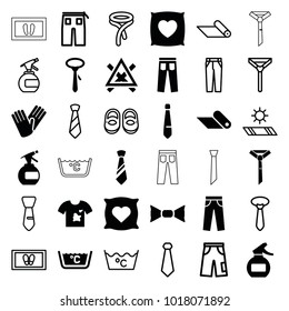 Fabric icons. set of 36 editable filled and outline fabric icons such as pillow with heart on it, spray bottle, tie, bow tie, gloves, carpet, baby shoes, foot carpet, laundry