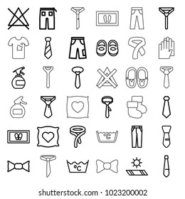 Fabric icons. set of 36 editable outline fabric icons such as pillow with heart on it, baby shoes, spray bottle, foot carpet, laundry, no bleaching, tie, bow tie, pants