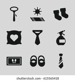 Fabric icons set. set of 9 fabric filled icons such as baby socks, pillow with heart on it, baby shoes, spray bottle, foot carpet, tie
