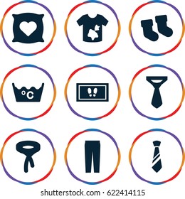 Fabric icons set. set of 9 fabric filled icons such as baby socks, pillow with heart on it, foot carpet, dirty laundry, laundry, tie