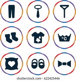 Fabric icons set. set of 9 fabric filled icons such as baby socks, pillow with heart on it, baby shoes, dirty laundry, laundry, tie, bow tie