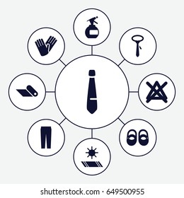 Fabric icons set. set of 9 fabric filled icons such as baby shoes, spray bottle, no bleaching, tie, pants, gloves, carpet