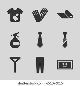 Fabric icons set. set of 9 fabric filled icons such as spray bottle, foot carpet, dirty laundry, tie, pants, gloves