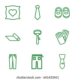 Fabric icons set. set of 9 fabric outline icons such as pillow with heart on it, baby shoes, tie, pants, gloves