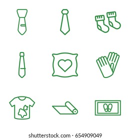 Fabric icons set. set of 9 fabric outline icons such as baby socks, pillow with heart on it, foot carpet, dirty laundry, gloves, tie