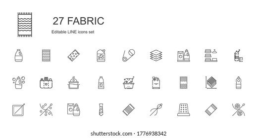 fabric icons set. Collection of fabric with thimble, sewing, beach towel, tie, detergent, tote bag, laundry, pocket, layers, safety pin. Editable and scalable fabric icons.