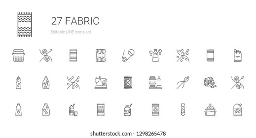 fabric icons set. Collection of fabric with tie, beach towel, detergent, sewing, laundry, carpet, sewing machine, safety pin, yarn ball, tote bag. Editable and scalable fabric icons.