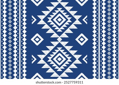Fabric ikat abstract geometric pattern on blue background. Design for clothing, fabric, background, wallpaper, wrapping, batik. Knitwear, Embroidery style. Aztec geometric art ornament