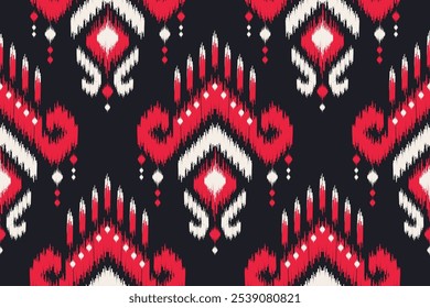 Tela Ikat sin patrón en tribal. Alfombra de estilo étnico nativo. bordado popular. Diseño para el fondo, ropa, alfombra, textil, batik.