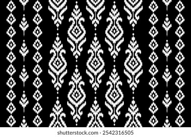 Fabric Ikat seamless pattern in tribal. Native ethnic style carpet. folk embroidery. Design for background, clothing, rug, textile, batik.