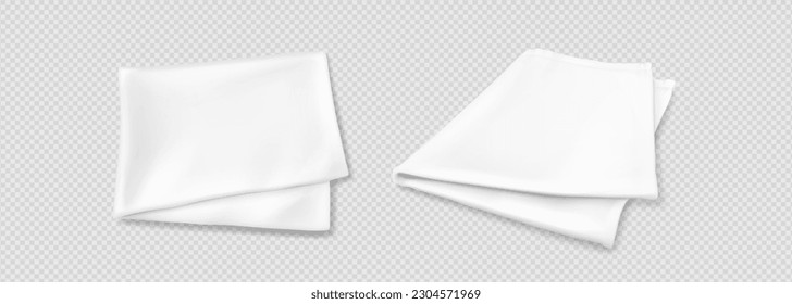 Fabric kitchen towels, tablecloth or napkins for picnic. Folded white linen towels, blank cotton handkerchief in top view isolated on transparent background, vector realistic illustration