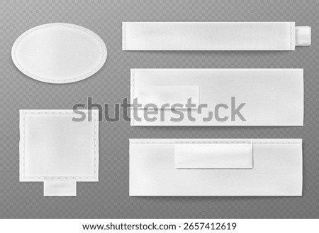 Fabric label mockup set with white textile tags, stitched edges on transparent background. Oval patch, rectangular bands with folded ends, square tag. Clothing branding elements for garment design.
