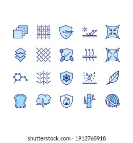 Fabric and Layered material related vector icons. Clothing properties symbols. Contains icons such as cotton, wool, waterproof,windproof and more.