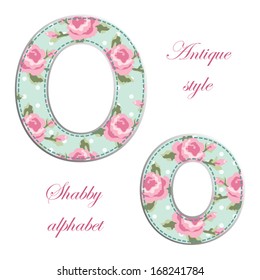 Fabric letters with roses of retro alphabet in shabby chic style isolated on white background