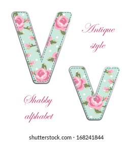 Fabric letters with roses of retro alphabet in shabby chic style isolated on white background