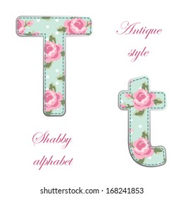 Fabric letters with roses of retro alphabet in shabby chic style isolated on white background