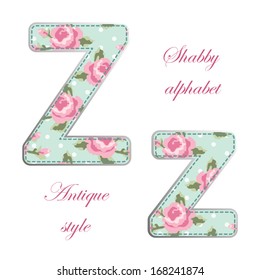Fabric letters with roses of retro alphabet in shabby chic style isolated on white background