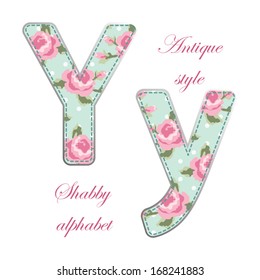 Fabric letters with roses of retro alphabet in shabby chic style isolated on white background