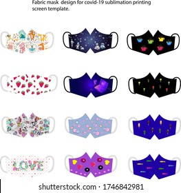 Fabric mask  design for covid-19 sublimation printing screen template on white background.