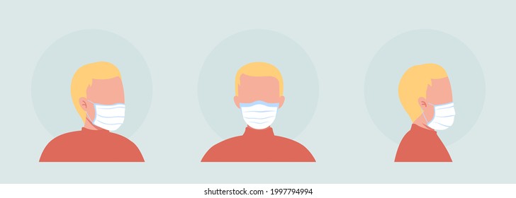 Fabric mask wearer semi flat color vector character avatar set. Portrait with respirator from front and side view. Isolated modern cartoon style illustration for graphic design and animation pack