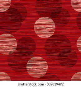 Fabric material burlap textured fibers with a pattern of circles. Seamless pattern of polka dots, seamless background. Red background