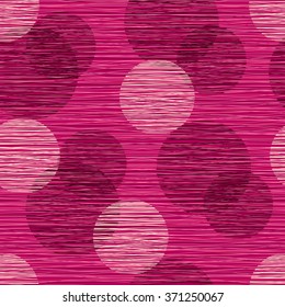 Fabric material burlap textured fibers with a pattern of circles. Seamless pattern of pink polka dots, seamless background.