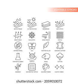 Fabric material feature live vector icon set. Fabrics features and properties symbols, editable stroke.