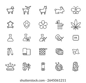 Conjunto de ícones de linha de material de malha. Roupa de cama, couro, algodão, bambu, caxemira, mohair mínima ilustração vetor. Sinal de contorno simples para característica têxtil de vestuário. Pixel Perfeito, Traço Editável