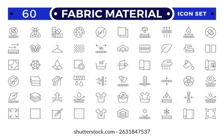 Conjunto de ícones de contorno de material de tecido. Ilustração vetorial de ícones relacionados com têxteis: térmico, reciclado, bambu, produto, indústria, loja, couro, têxtil, algodão, lã, impermeável, material e muito mais.
