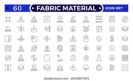 Conjunto de ícones de contorno de material de tecido. Ilustração vetorial de ícones relacionados com têxteis: térmico, reciclado, bambu, produto, indústria, loja, couro, têxtil, algodão, lã, impermeável, material e muito mais.
