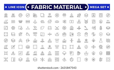 Conjunto de ícones de contorno de material de tecido. Ilustração vetorial de ícones relacionados com têxteis: térmico, reciclado, bambu, produto, indústria, loja, couro, têxtil, algodão, lã, impermeável, material e muito mais.
